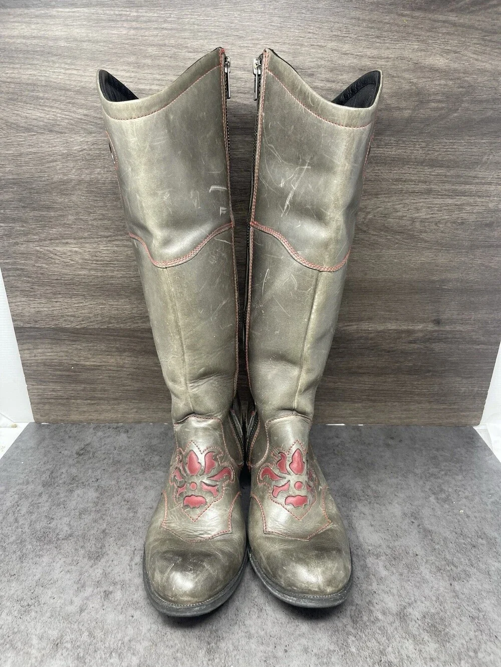 BORN Moe Distressed Leather Wide Calf Boots Womens Size 6 Grey Red High Tall